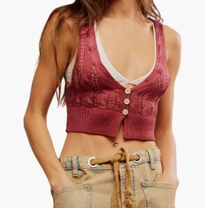 Free People Rose Pink Knit Cropped Button Tank